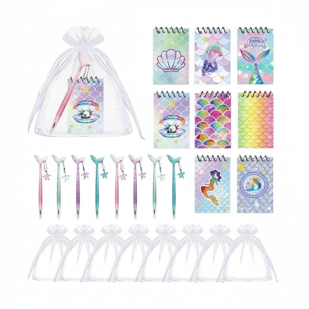 Giftplug mermaid themed stationery party favor set with iridescent mini notebooks, tail pens, and organza gift bags.