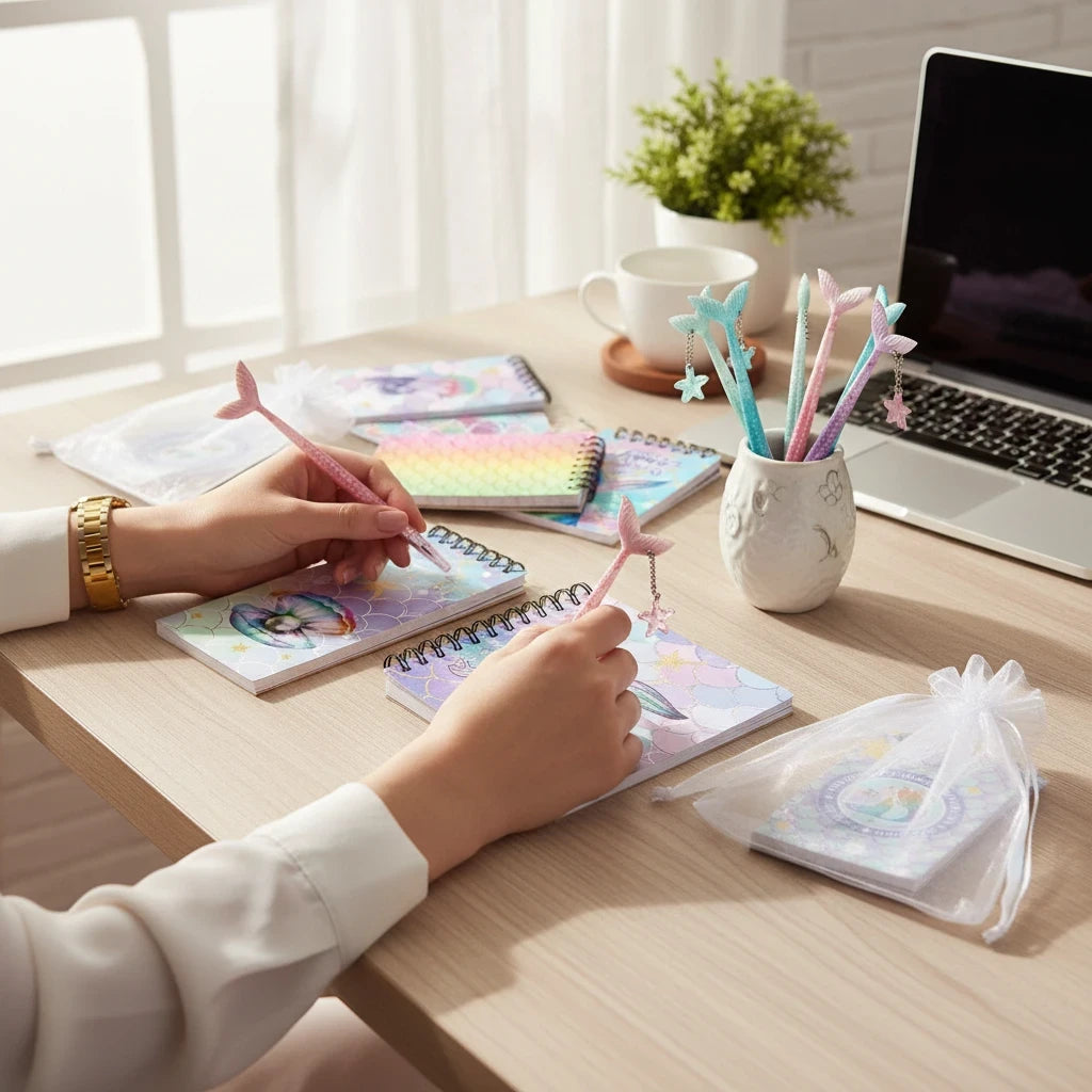 Giftplug mermaid themed stationery set with spiral notebooks and tail charm pens on a desk for party favors