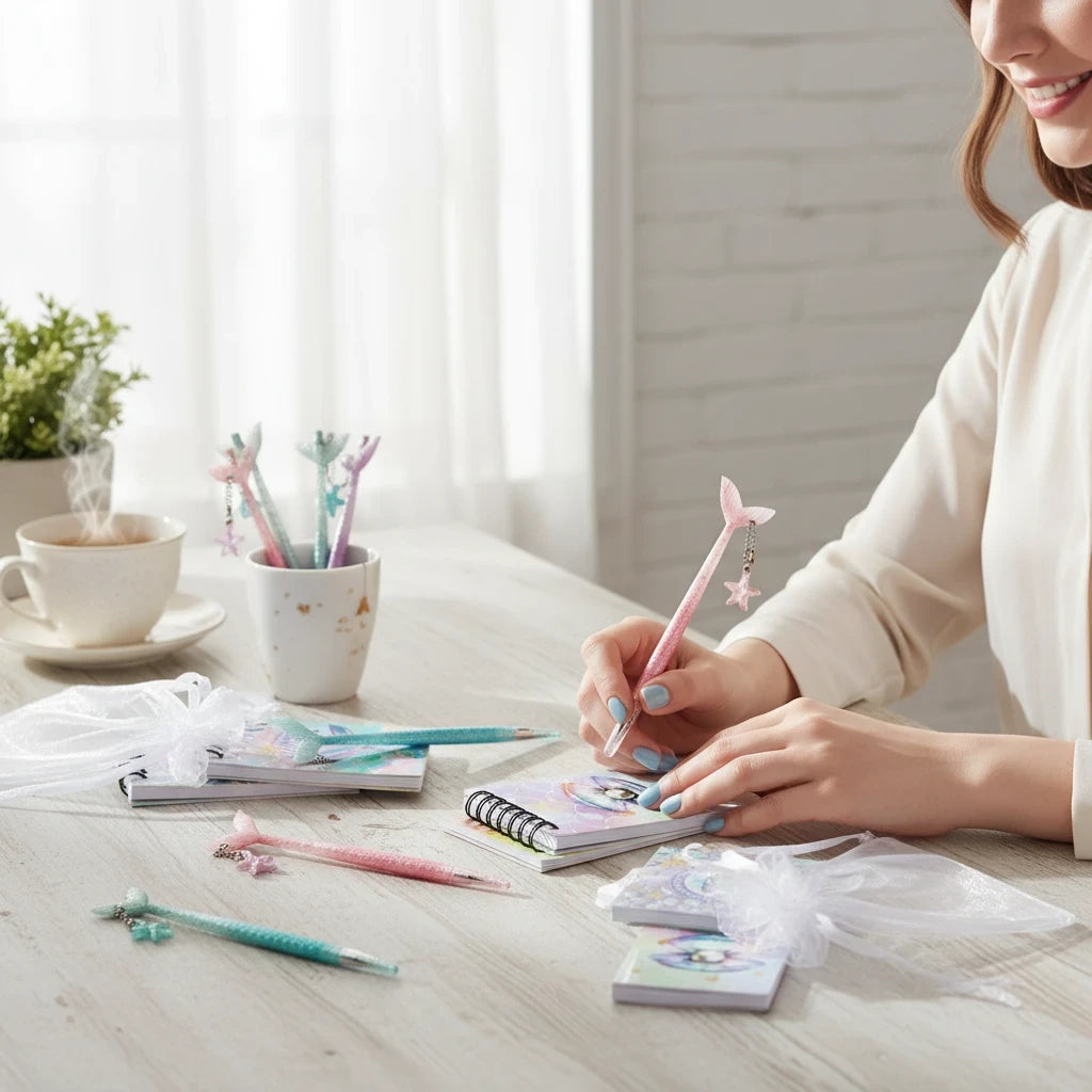 Giftplug mermaid stationery set with spiral notebooks and tail-topped pens being used by a woman at a bright desk