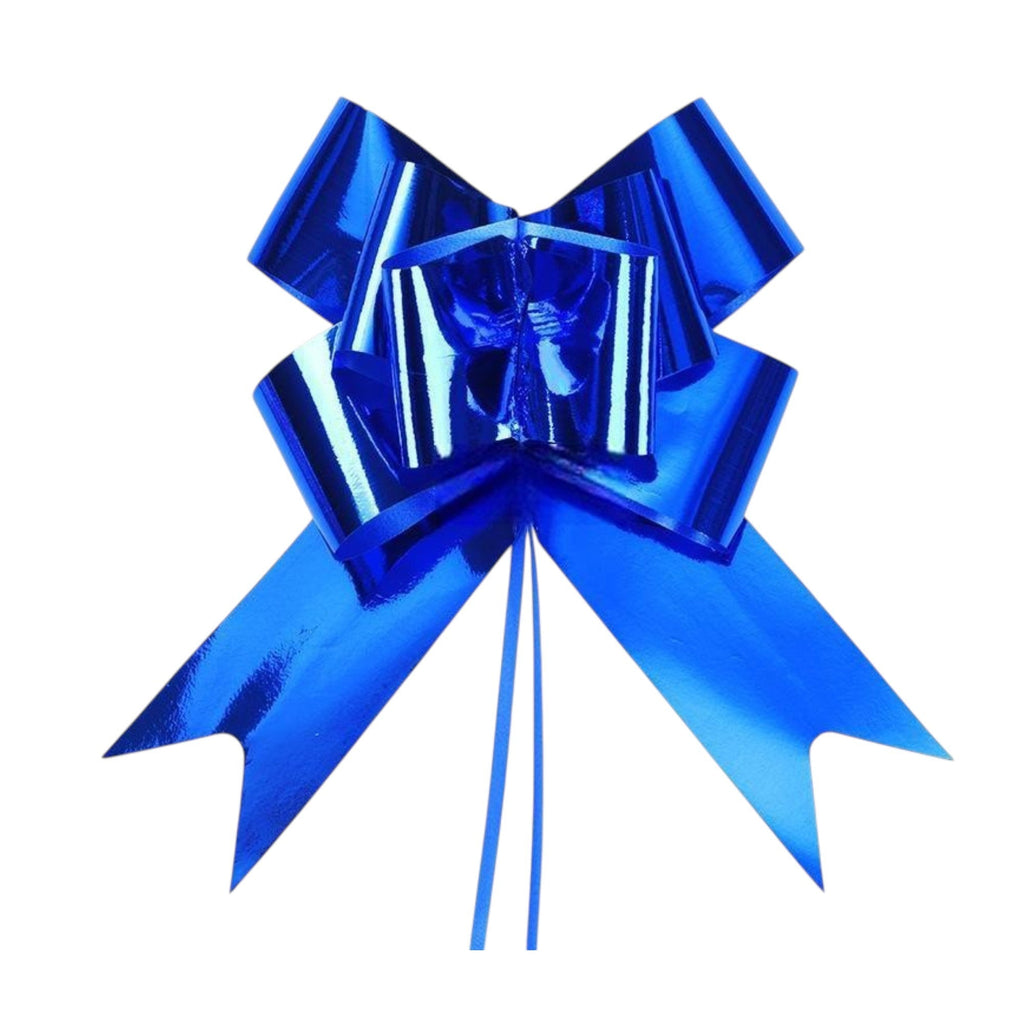 Giftplug metallic blue pull bow for gift wrapping with a reflective finish and multi-looped design.