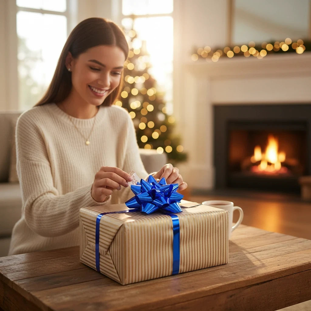 Giftplug metallic blue pull bow on a striped gift box held by a smiling woman in a cozy holiday living room setting