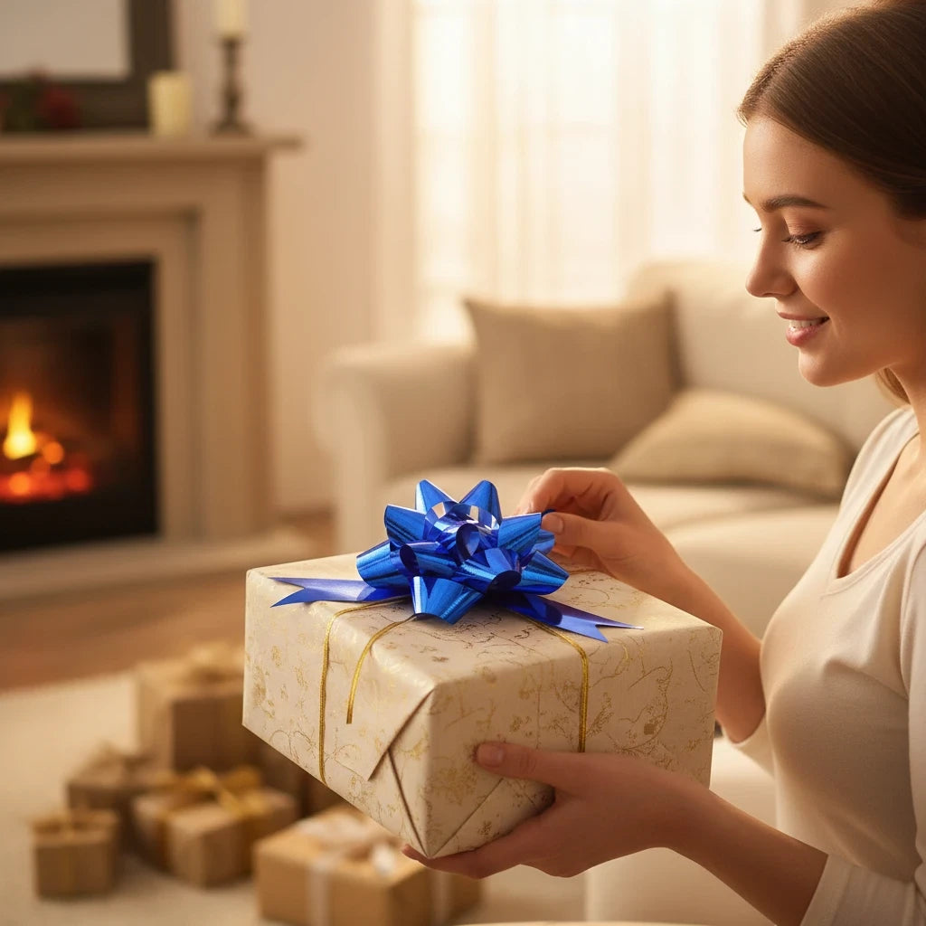 Giftplug metallic blue pull bow on a wrapped gift held by a smiling woman in a cozy living room setting.