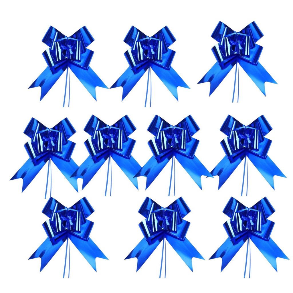 Giftplug metallic blue pull bows for gift wrapping, featuring a reflective finish and multi-loop design.