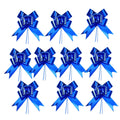 Giftplug metallic blue pull bows for gift wrapping, featuring a reflective finish and multi-loop design.