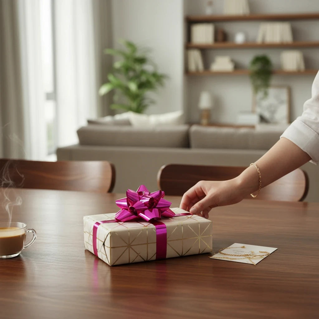 Giftplug metallic pink pull bow on a gold-patterned gift box placed on a wooden table with a cup of coffee nearby.