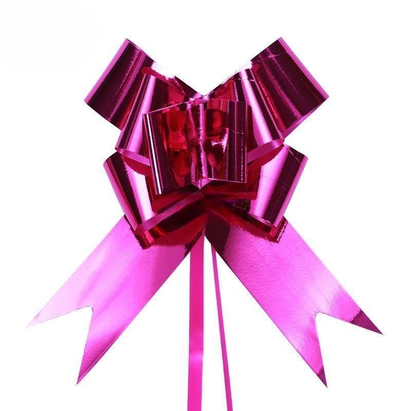 Giftplug metallic pink pull bow for gift wrapping with a shiny finish and elegant ribbon tails