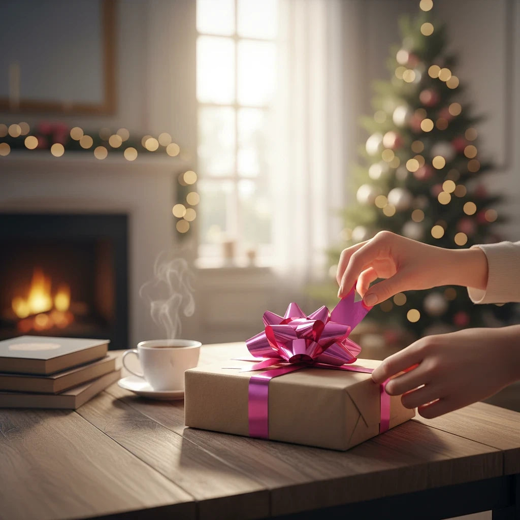 Giftplug metallic pink pull bow being attached to a wrapped gift on a wooden table with a Christmas tree background