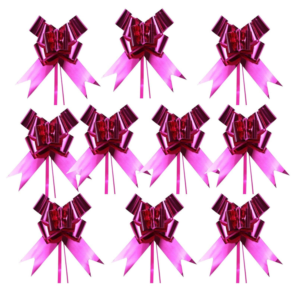 Giftplug metallic pink pull bows for gift wrapping, featuring a shiny, voluminous design for festive decorations.