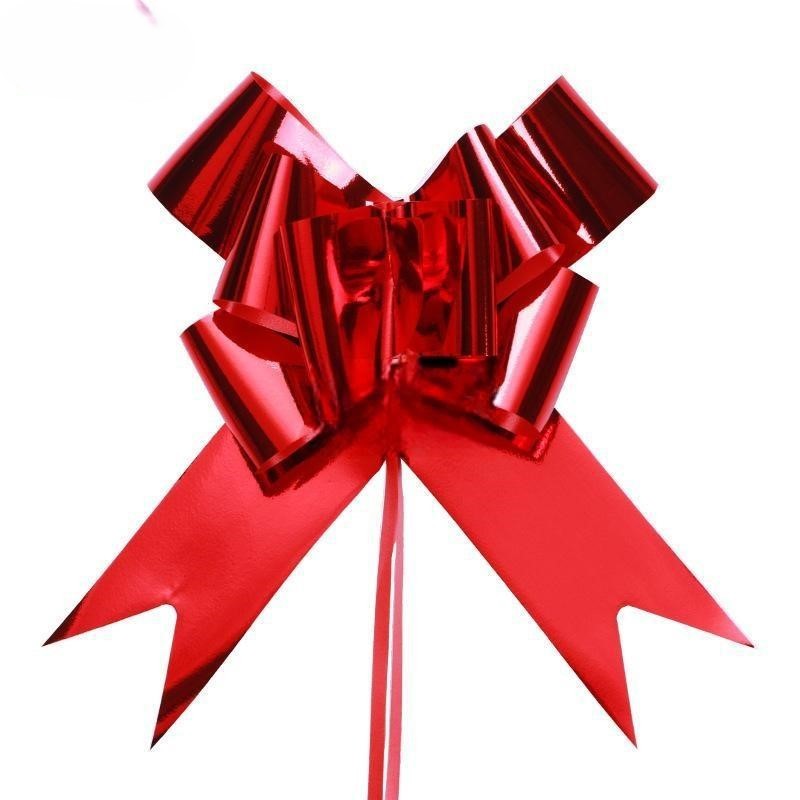 Giftplug metallic red pull bow with a glossy finish for festive gift wrapping and decorative celebrations.