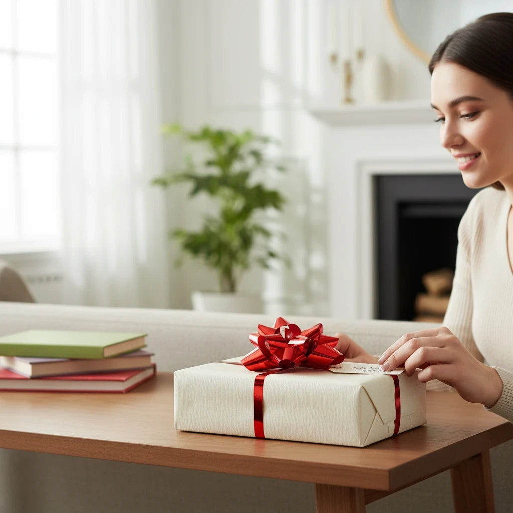 Giftplug metallic red pull bow on a wrapped gift box held by a smiling woman in a cozy living room setting