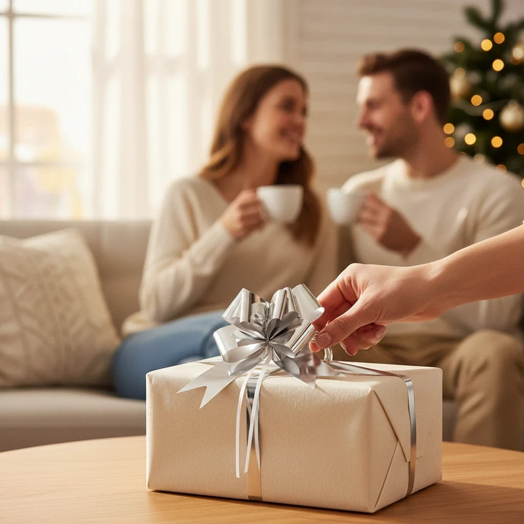 Giftplug metallic silver pull bow on a wrapped gift box with a blurred couple in the background during the holidays.