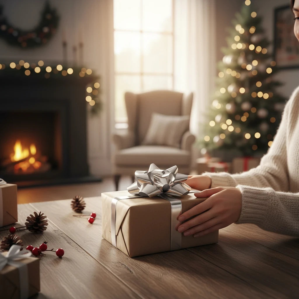 Giftplug metallic silver pull bow on a kraft paper gift box, set in a cozy, festive living room with a Christmas tree.