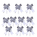 Giftplug metallic silver pull bows for gift wrapping with reflective finish and elegant tails on a white background