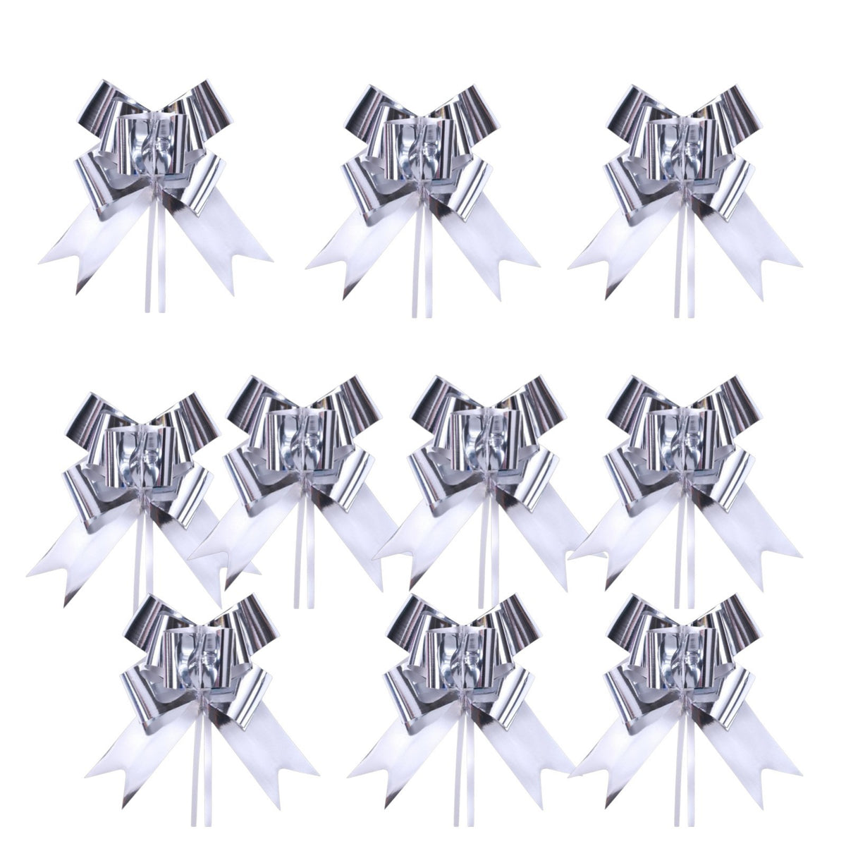 Giftplug metallic silver pull bows for gift wrapping with reflective finish and elegant tails on a white background