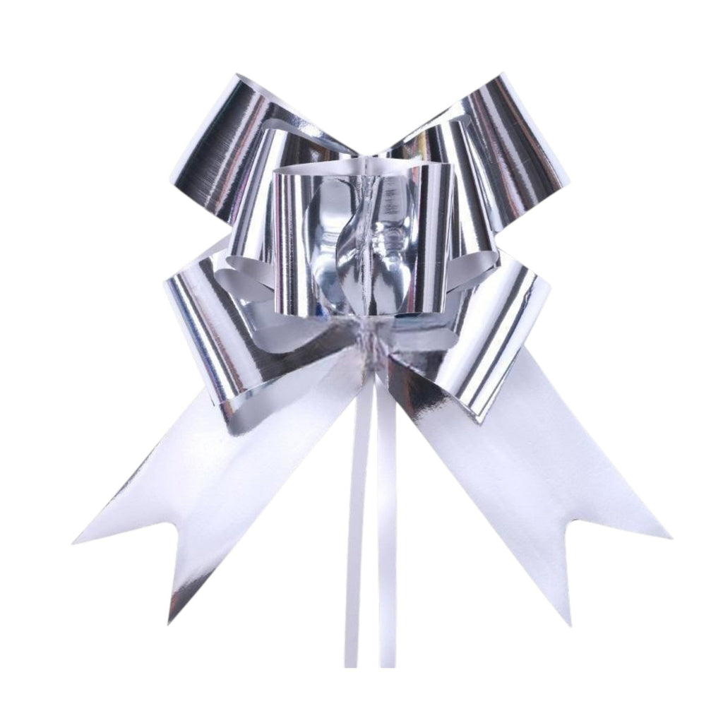 Giftplug metallic silver pull bow with a high-shine reflective finish and elegant tails for gift wrapping