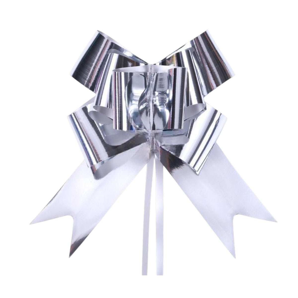 Giftplug metallic silver pull bow with a high-shine reflective finish and elegant tails for gift wrapping