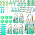 Giftplug 60-piece mint green spa party favor set with hair accessories, mirrors, eye masks, and gift bags for guests.
