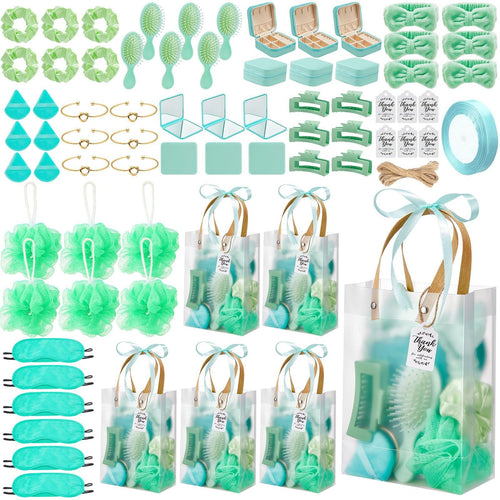 Giftplug 60-piece mint green spa party favor set with hair accessories, mirrors, eye masks, and gift bags for guests.