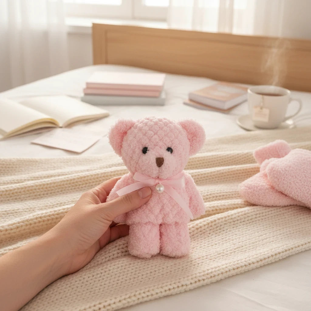 Giftplug pink bear-shaped washcloth party favor with a satin ribbon and pearl accent held in a hand on a bed