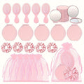 Giftplug 15-piece pink beauty gift set featuring hairbrushes, compact mirrors, satin scrunchies, and organza bags.