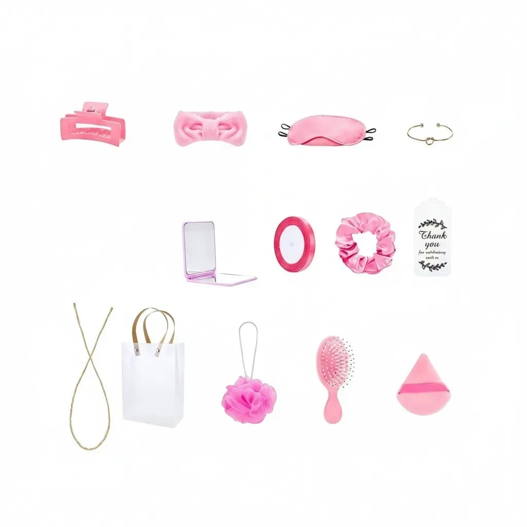Giftplug pink beauty accessory gift set featuring hair tools, makeup essentials, and a clear gift bag.