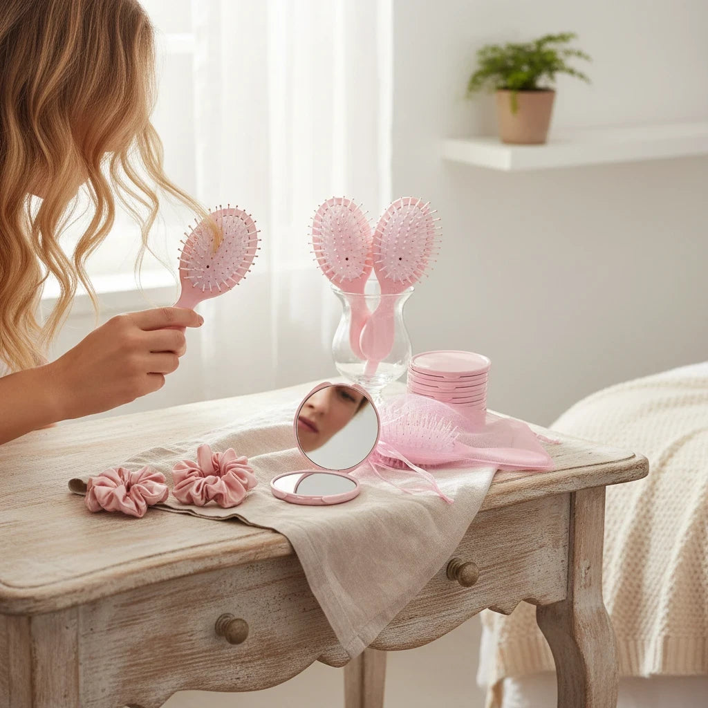 Giftplug pink beauty set featuring hairbrushes, compact mirrors, and satin scrunchies on a wooden vanity table