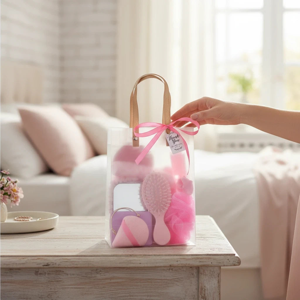 Giftplug pink beauty essentials gift set in a transparent bag with a hairbrush, bath sponge, and makeup tools.