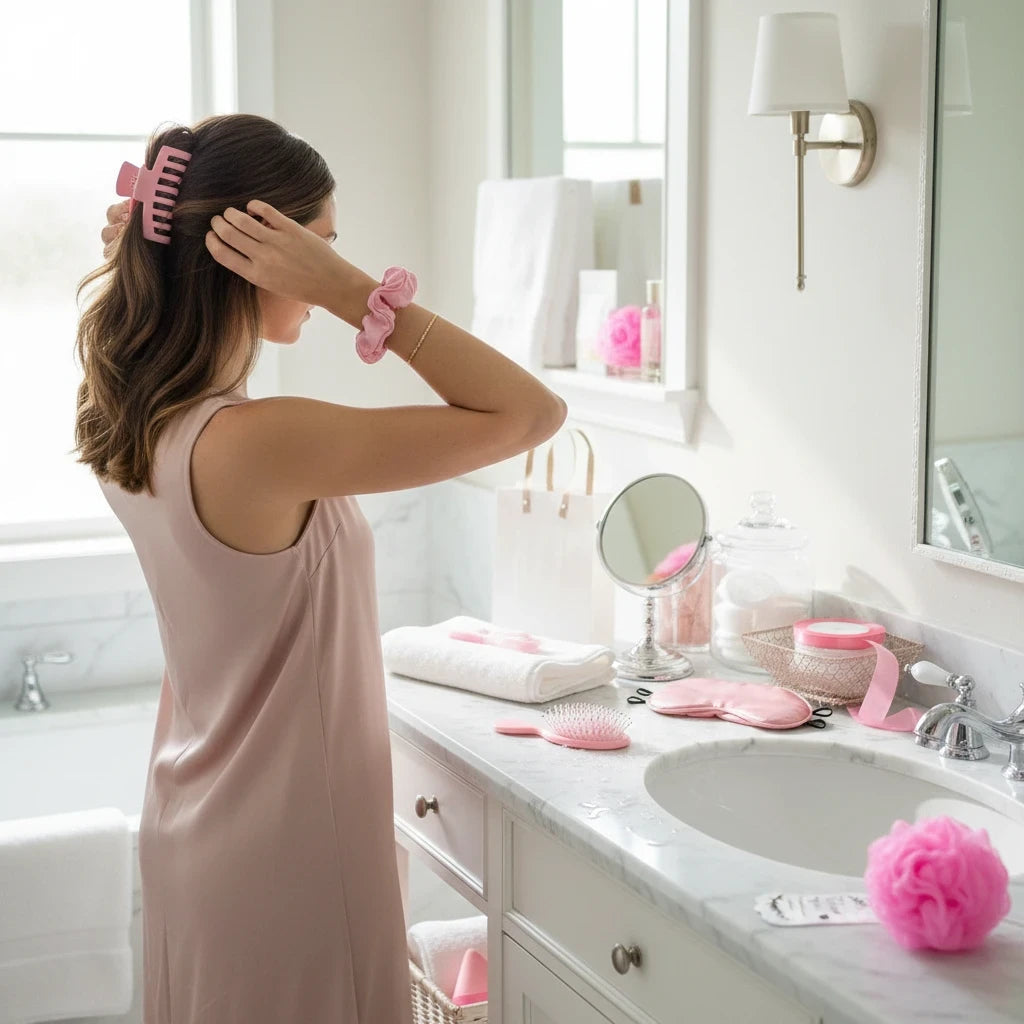 Giftplug pink beauty accessory gift set featuring a hair claw, scrunchie, brush, and bath sponge in a bathroom setting.