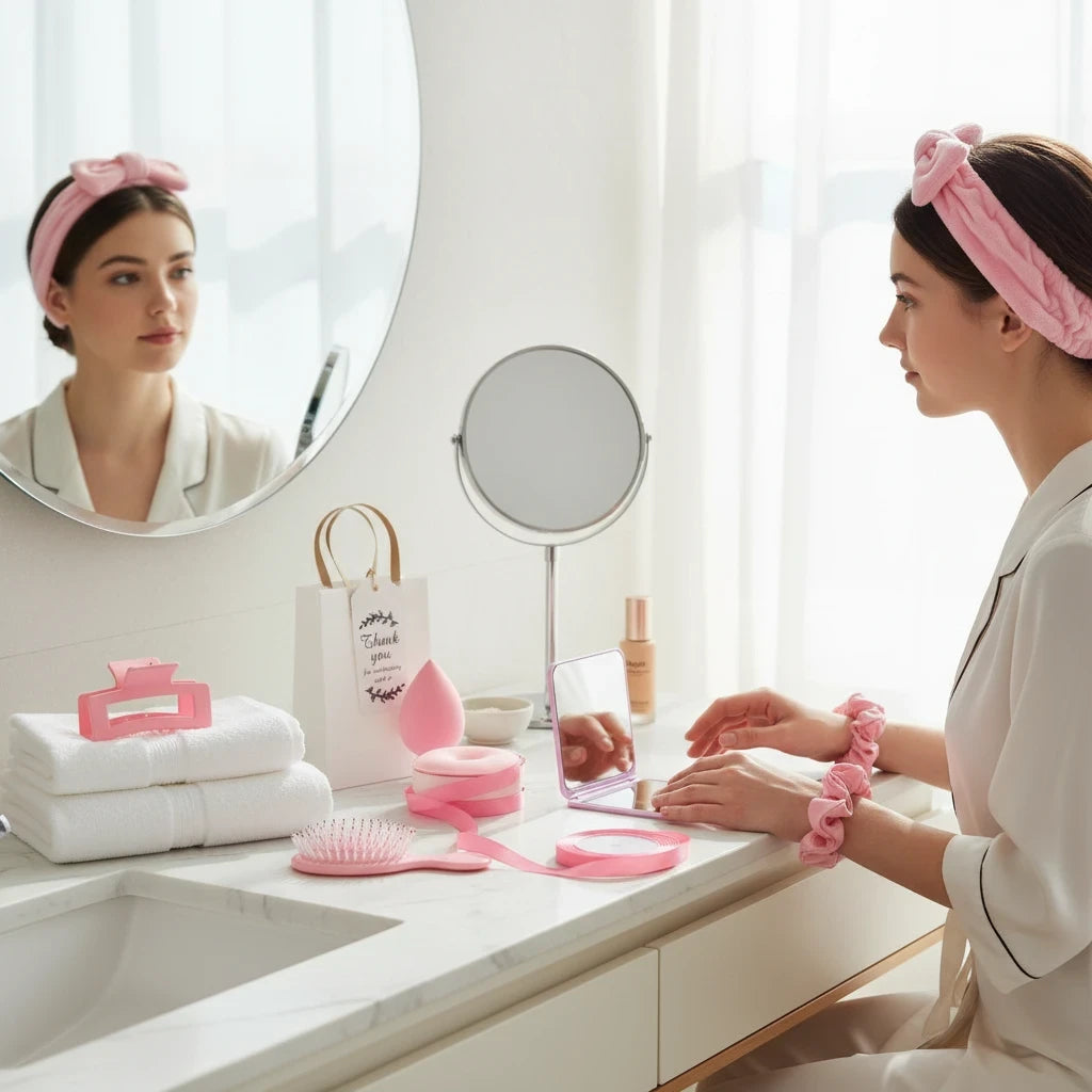 Giftplug pink beauty accessory gift set with hairbrush, sponge, and mirror on a vanity table with a woman in pajamas.