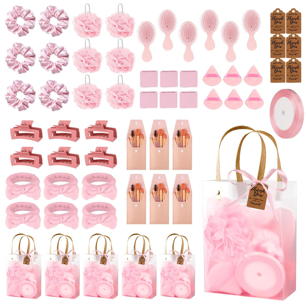 Giftplug 50-piece pink spa and beauty gift set including scrunchies, brushes, makeup sponges, and gift bags.