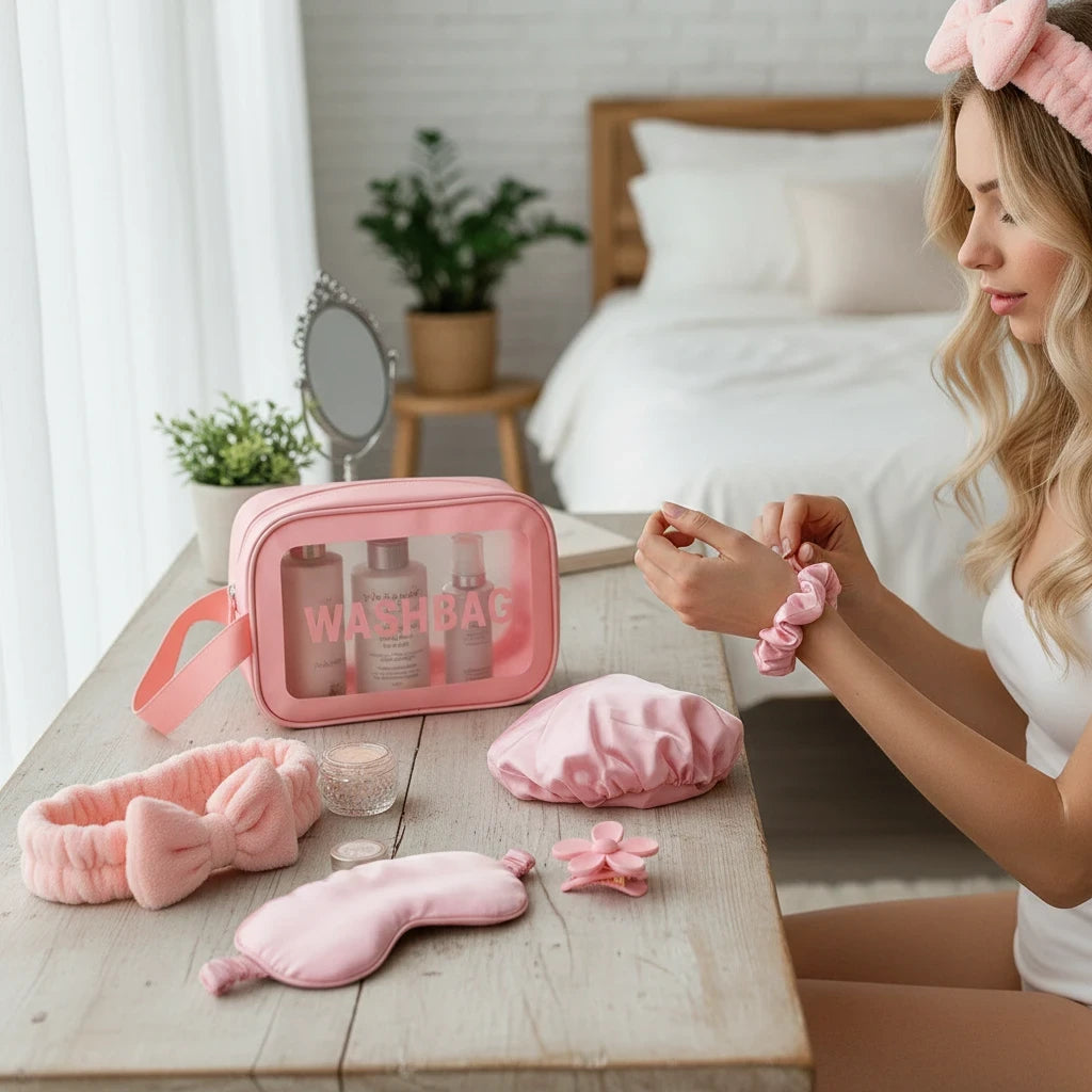 Giftplug 6-piece pink beauty travel set with plush bow headband, satin sleep mask, bonnet, scrunchies, and washbag.