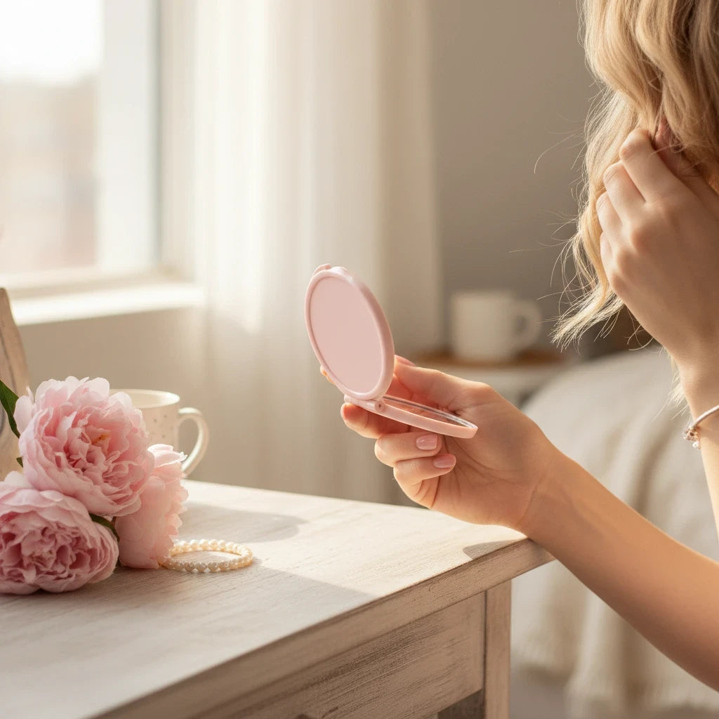 Giftplug pink compact mirror held by a woman at a vanity with peonies, perfect for bridesmaid gift sets.