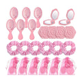 Giftplug 6-piece pink hair accessory and beauty tool gift set with brushes, rose mirrors, scrunchies, and pouches.