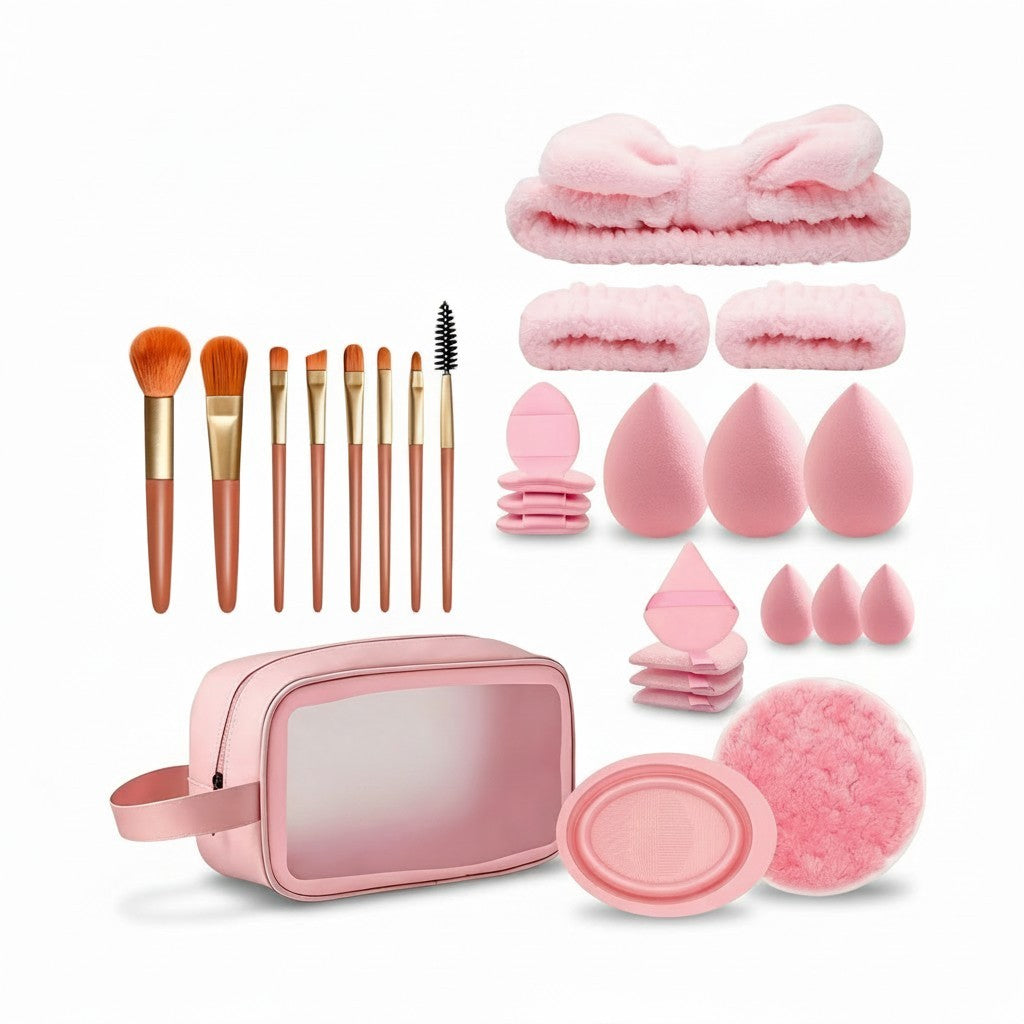 Giftplug 20-piece pink makeup brush set with sponges, headband, wristbands, and a clear window travel cosmetic bag.