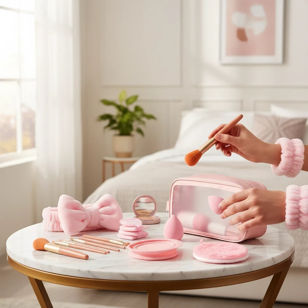 Giftplug pink 20-piece makeup brush and skincare accessory set with travel bag, sponges, and plush headband on a table.