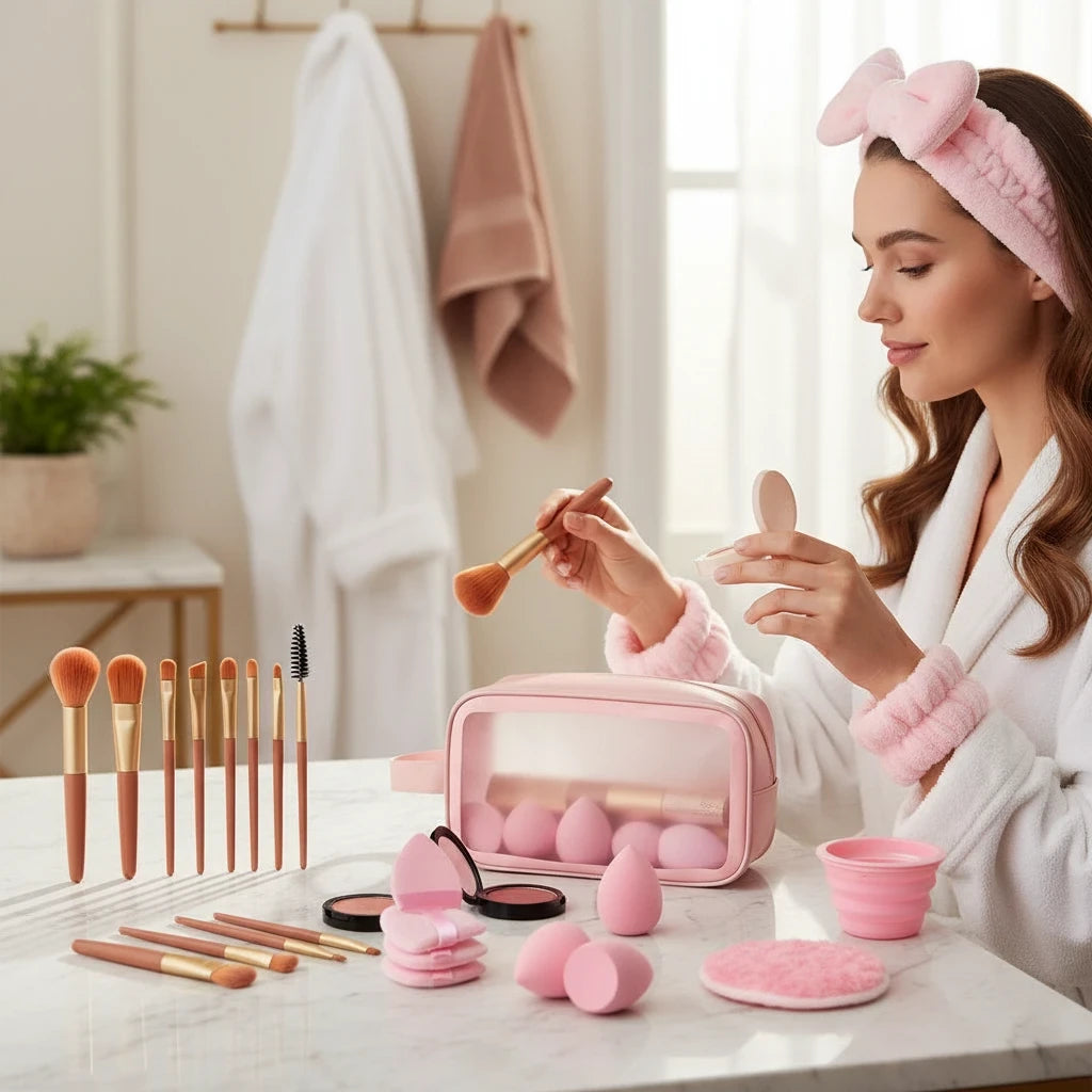 Giftplug 20-piece pink makeup brush and skincare set with headband, sponges, and clear travel bag on a vanity.
