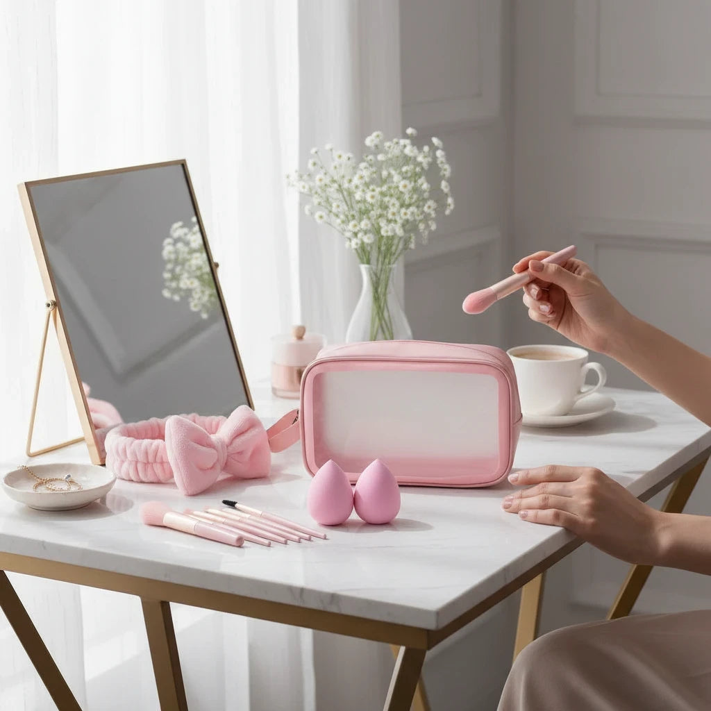 Giftplug pink makeup brush and skincare travel set with sponges, bow headband, and transparent bag on a vanity table