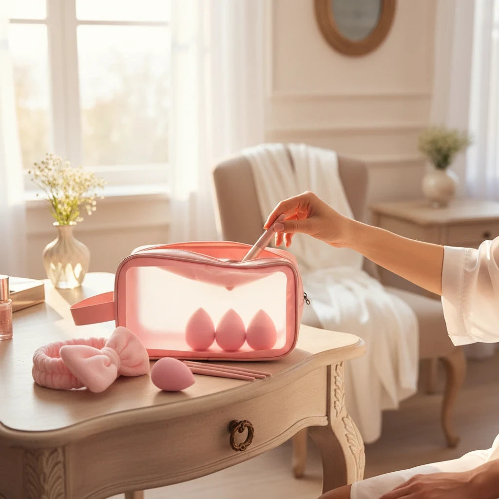 Giftplug pink makeup travel set with brushes, sponges, and bow headband in a transparent bag on a vanity table.