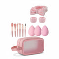 Giftplug pink makeup brush set with sponges, bow headband, wrist cuffs, and a clear travel bag for beauty routines.