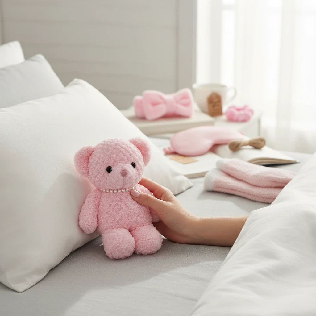 Giftplug pink plush teddy bear with pearl necklace, sleep mask, headband, and fuzzy socks for a spa self-care set.