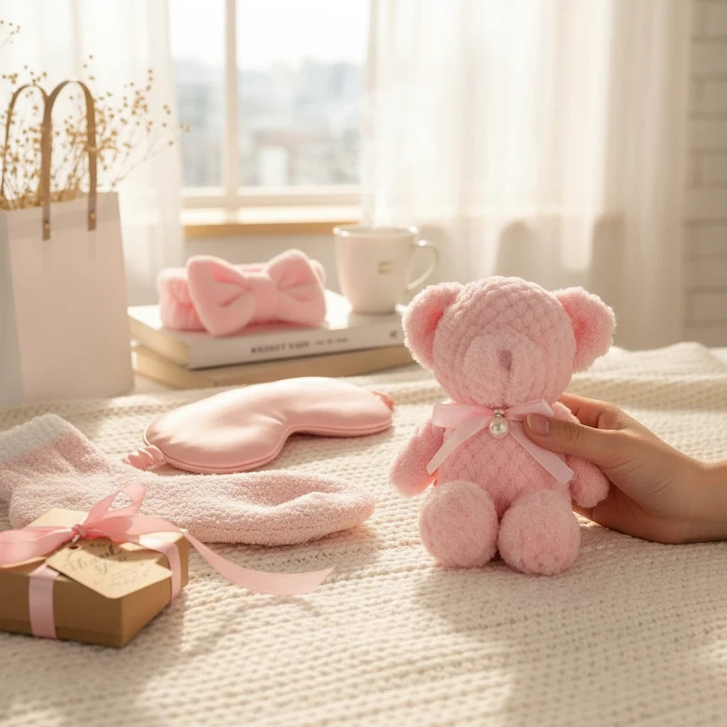Giftplug pink plush spa gift set featuring a teddy bear, silky sleep mask, fuzzy headband, and soft socks.