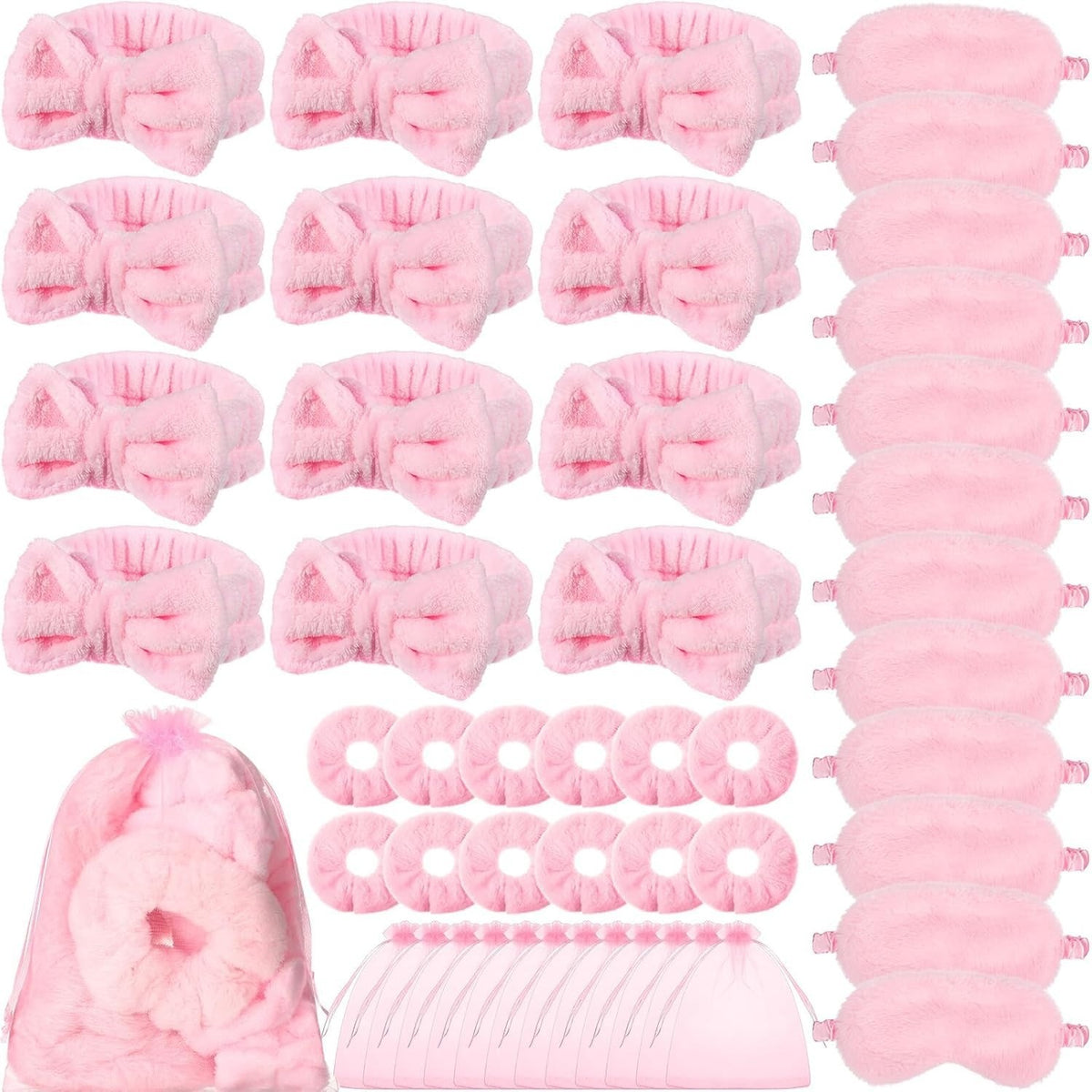 Giftplug 40-piece pink plush spa set with bow headbands, faux fur sleep masks, scrunchies, and storage bags.