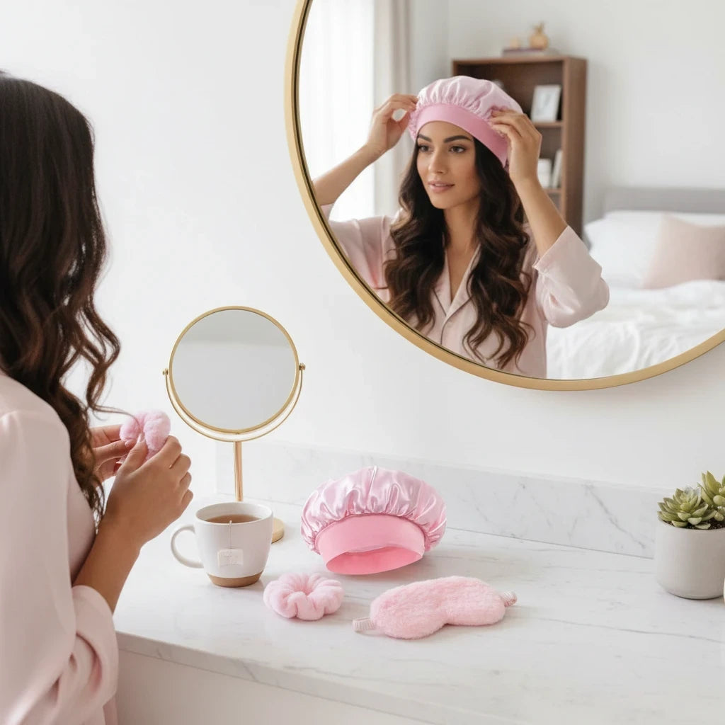 Woman wearing a Giftplug pink satin sleep bonnet in a mirror with matching faux-fur scrunchies and sleep mask on vanity