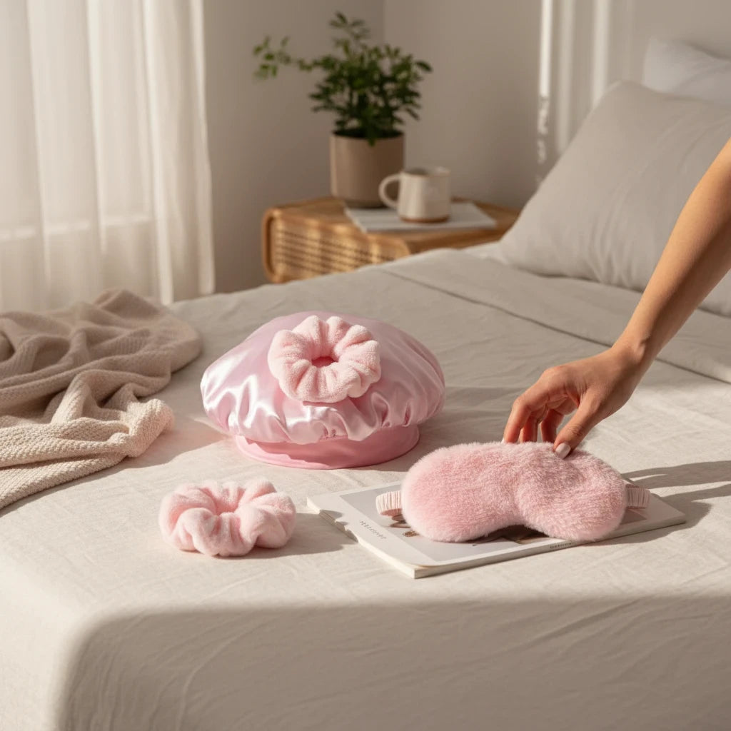 Giftplug pink satin sleep bonnet, faux-fur sleep mask, and two plush scrunchies arranged on a white bedspread.