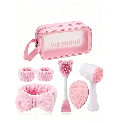 Giftplug 6-piece pink skincare set with plush bow headband, wristbands, cleansing brushes, and transparent washbag.