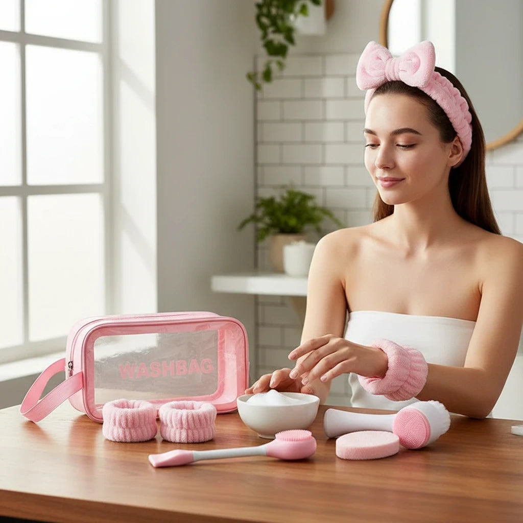 Giftplug 6-piece pink skincare set with bow headband, wristbands, and cleansing tools in a transparent washbag
