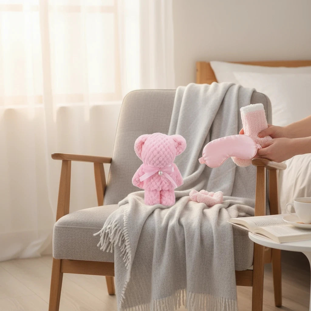 Giftplug spa party favor set with pink bear washcloth, fuzzy socks, satin sleep mask, and scrunchie on a chair.