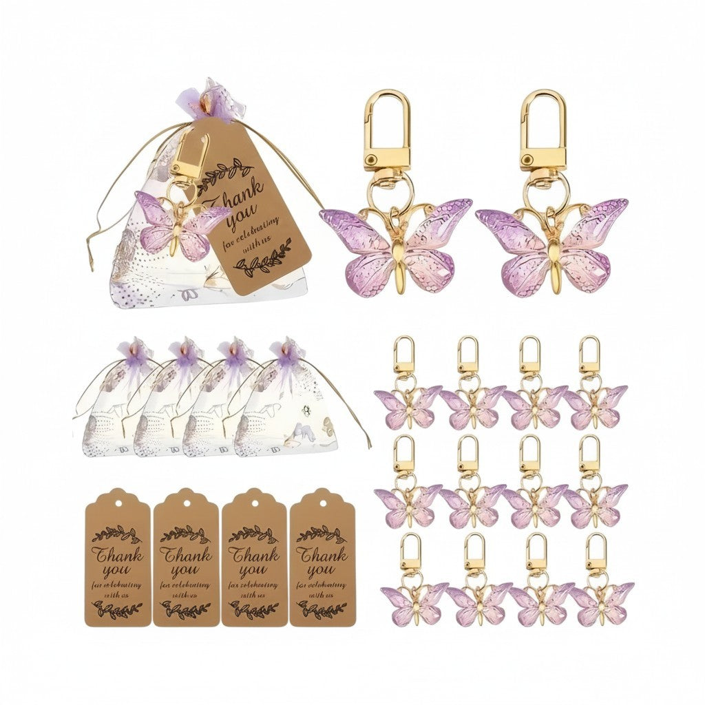 Giftplug butterfly keychain party favor set with purple charms, gold clasps, organza bags, and thank you tags.