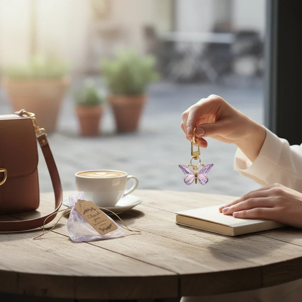 Giftplug purple butterfly keychain with gold clasp held by hand next to a thank you gift bag on a cafe table