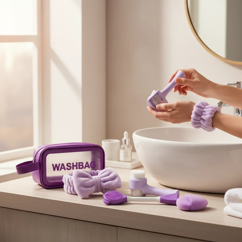 Giftplug 6-piece purple facial skincare set including a bow headband, wrist cuffs, and cleansing brushes in a washbag.